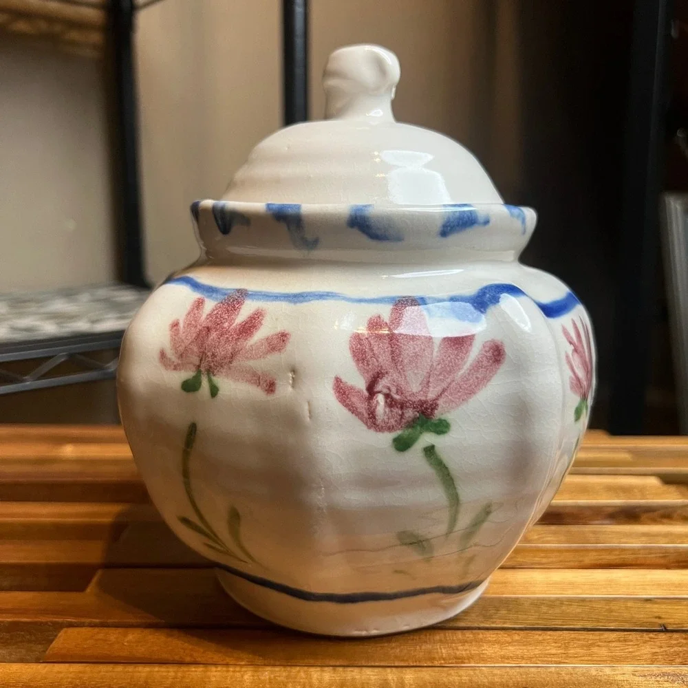 Vintage Signed Studio Pottery Lidded Jar Hand Painted Floral Folk Art 1992